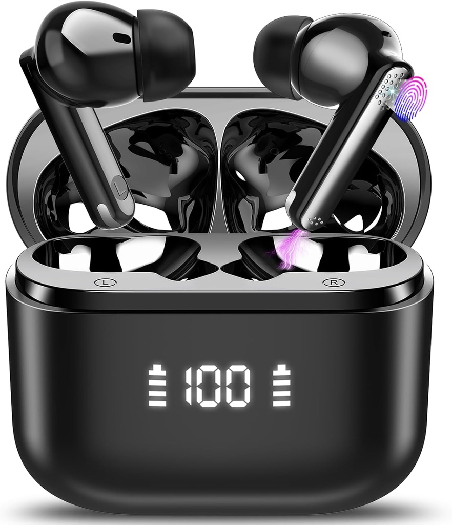 SKIUDCT Auriculares Inalámbricos Bluetooth, Auriculares Bluetooth 5.3 con HD Micrófono, HiFi Estéreo, 48H Cascos Inalámbricos con Reducción de Ruido ENC, IP7 Impermeable Auriculares, Pantalla LED
